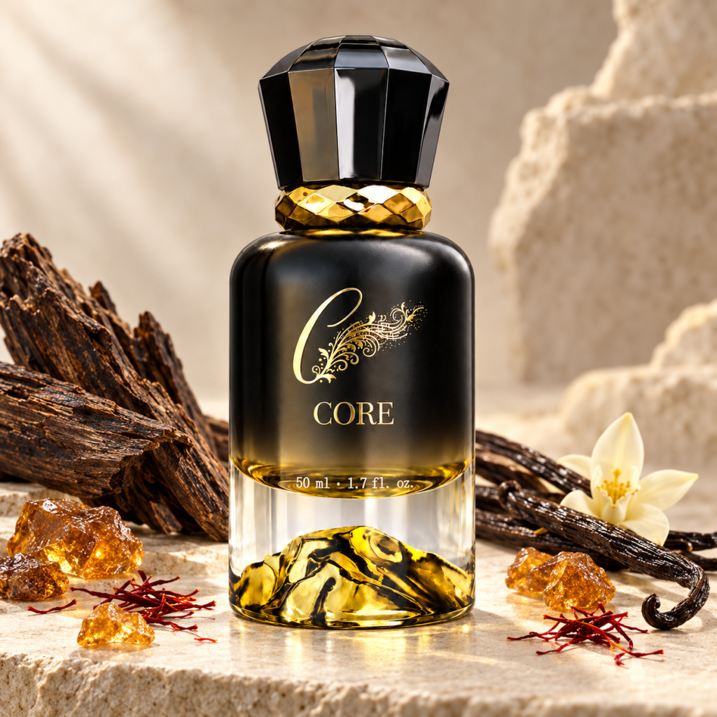 CORE personalised perfume bottle with gold details, vanilla, oud wood and amber resin