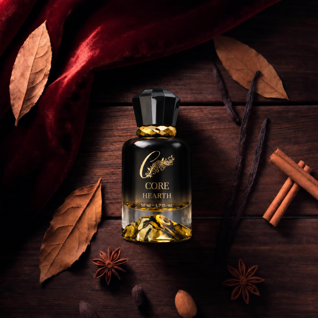 Core Hearth perfume bottle with tobacco leaf, vanilla and roasted cacao