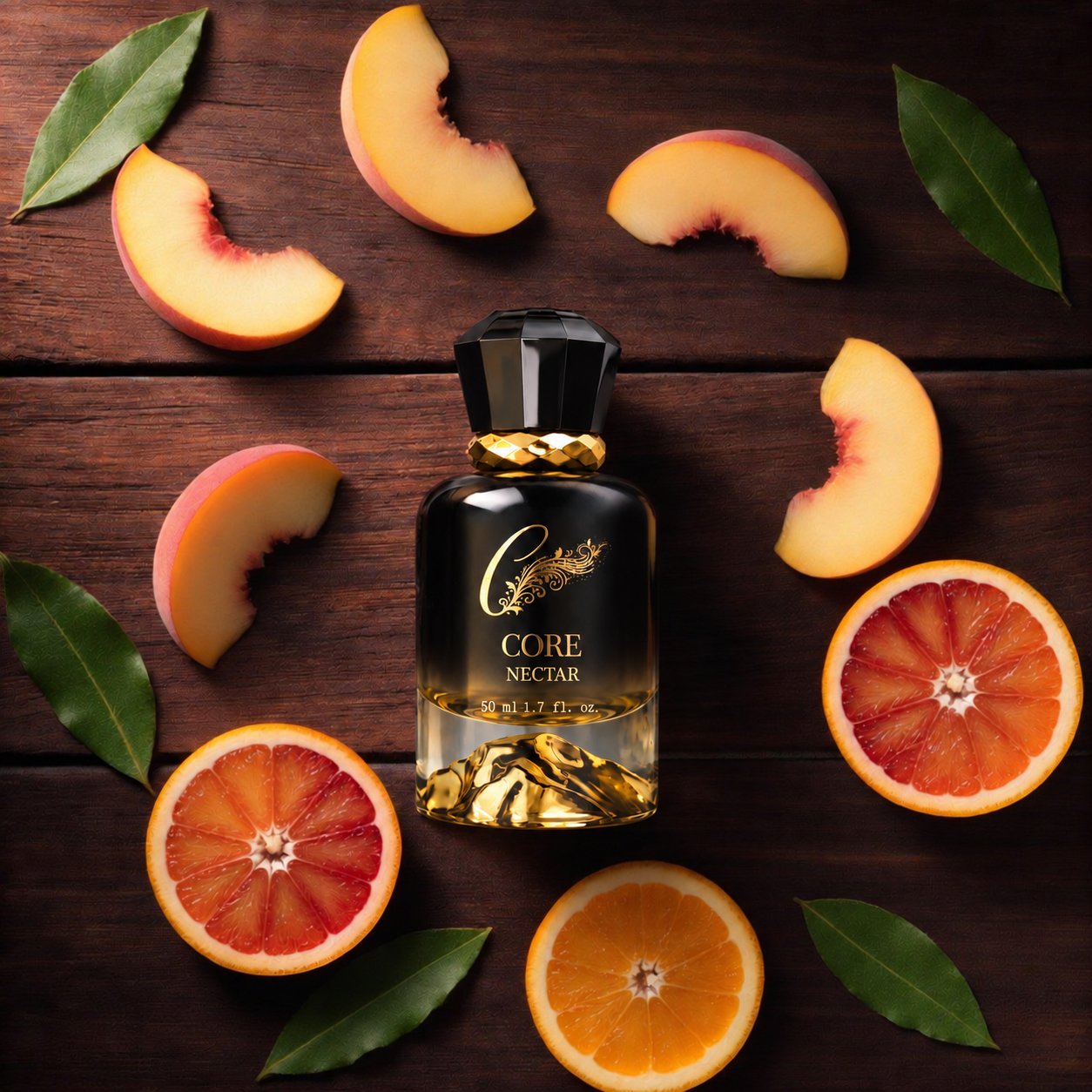 Core Nectar perfume with peach and blood orange Core Nectar perfume bottle with peach, blood orange, vanilla and amber
