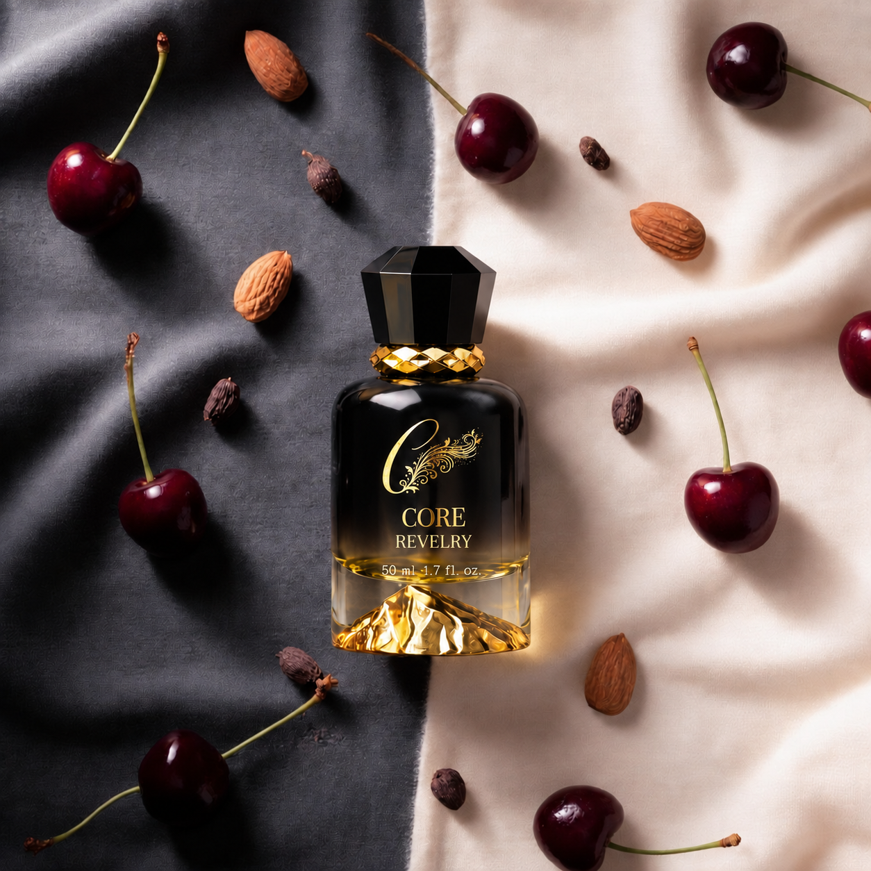 Core Revelry perfume with black cherry and rose Core Revelry perfume bottle with black cherry, Turkish rose and almond