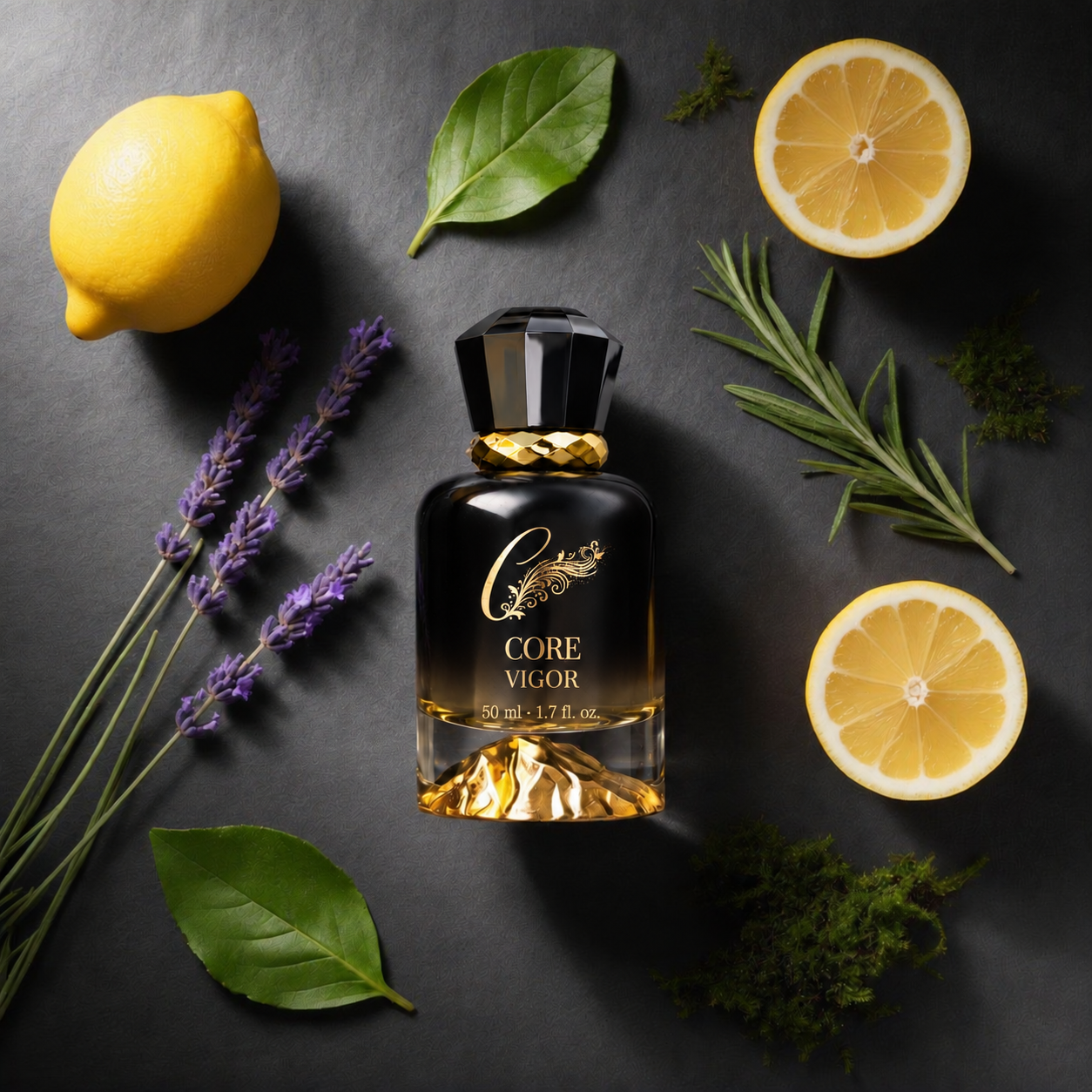 Core Vigor perfume with citrus and lavender Core Vigor perfume bottle with Italian citrus, lavender and oakmoss