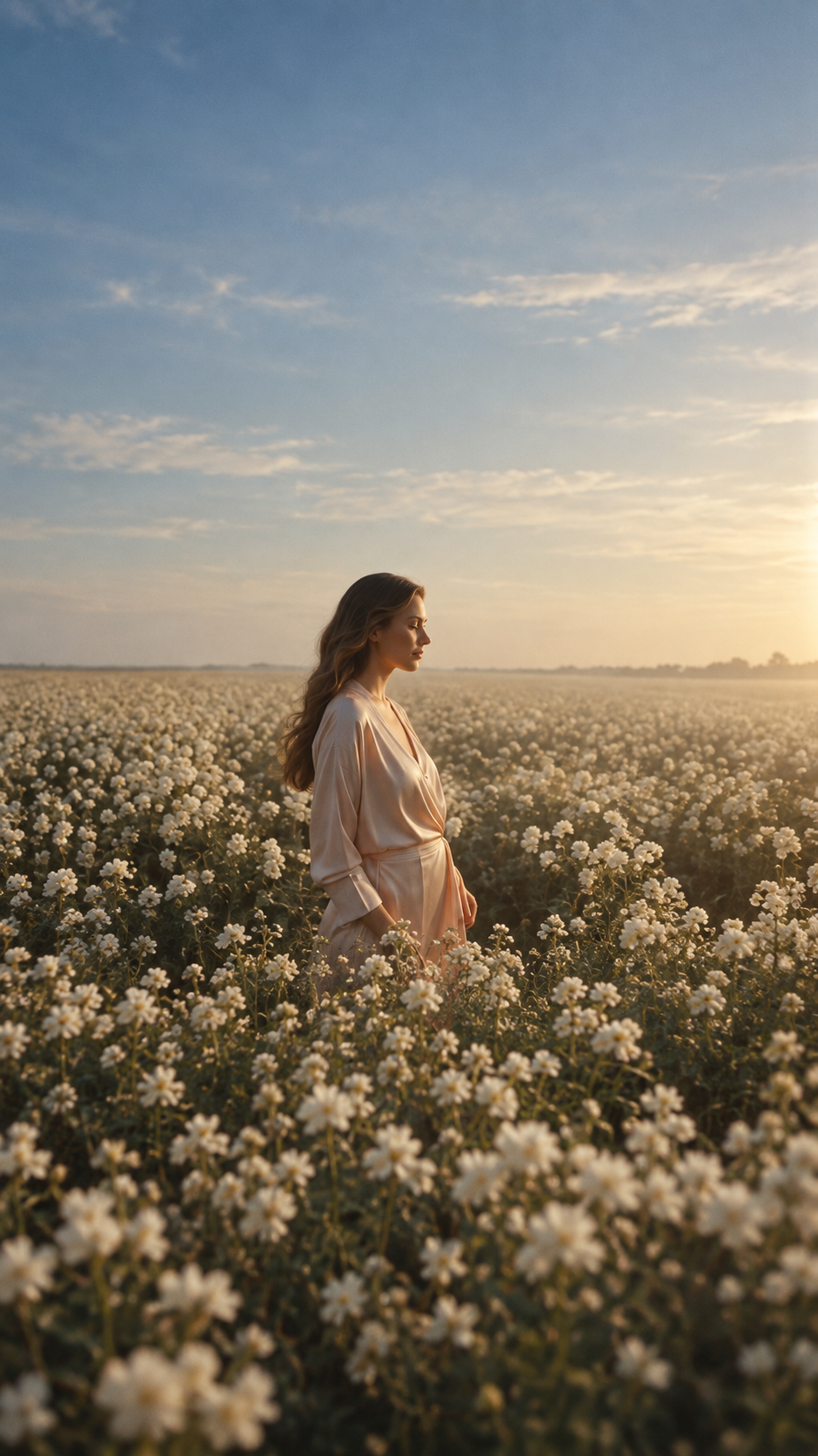 Woman standing in a field of white flowers at golden hour