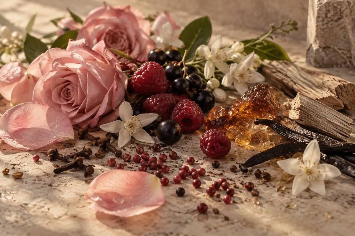 Fruits, florals and amber materials for the Feminine Collection