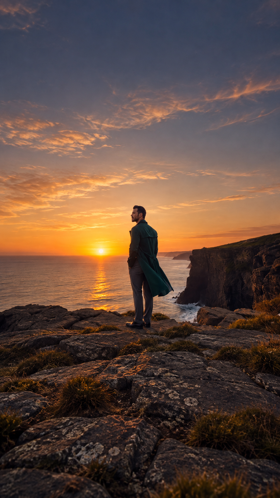 Man in dark green tailoring under warm evening light