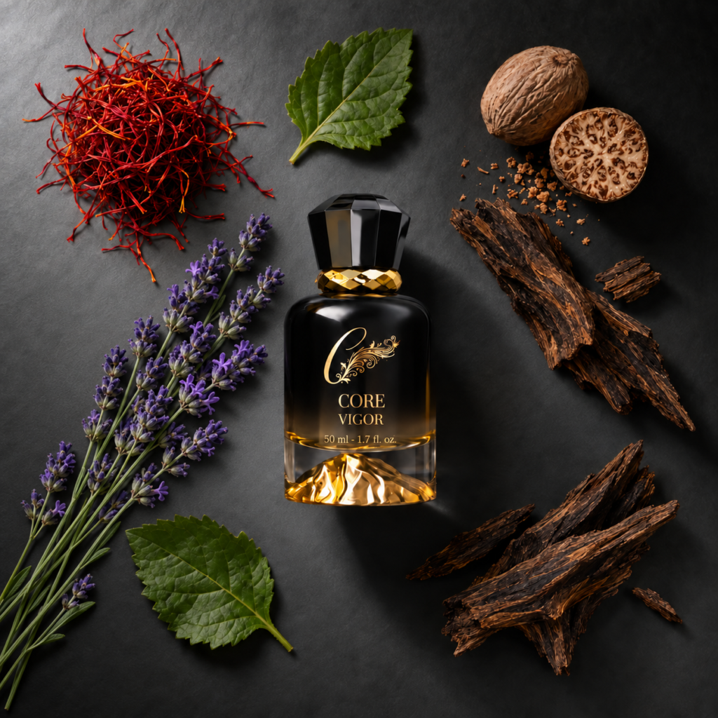 Core Vigor perfume bottle with oud wood, saffron, lavender, nutmeg and patchouli on dark stone