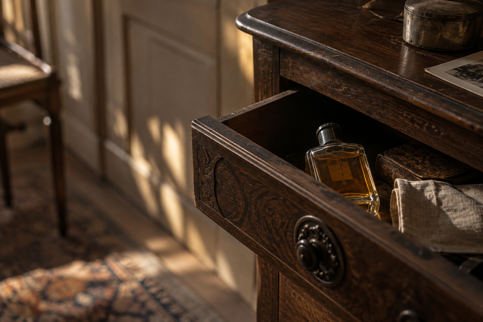 A vintage cologne bottle resting inside an old wooden drawer